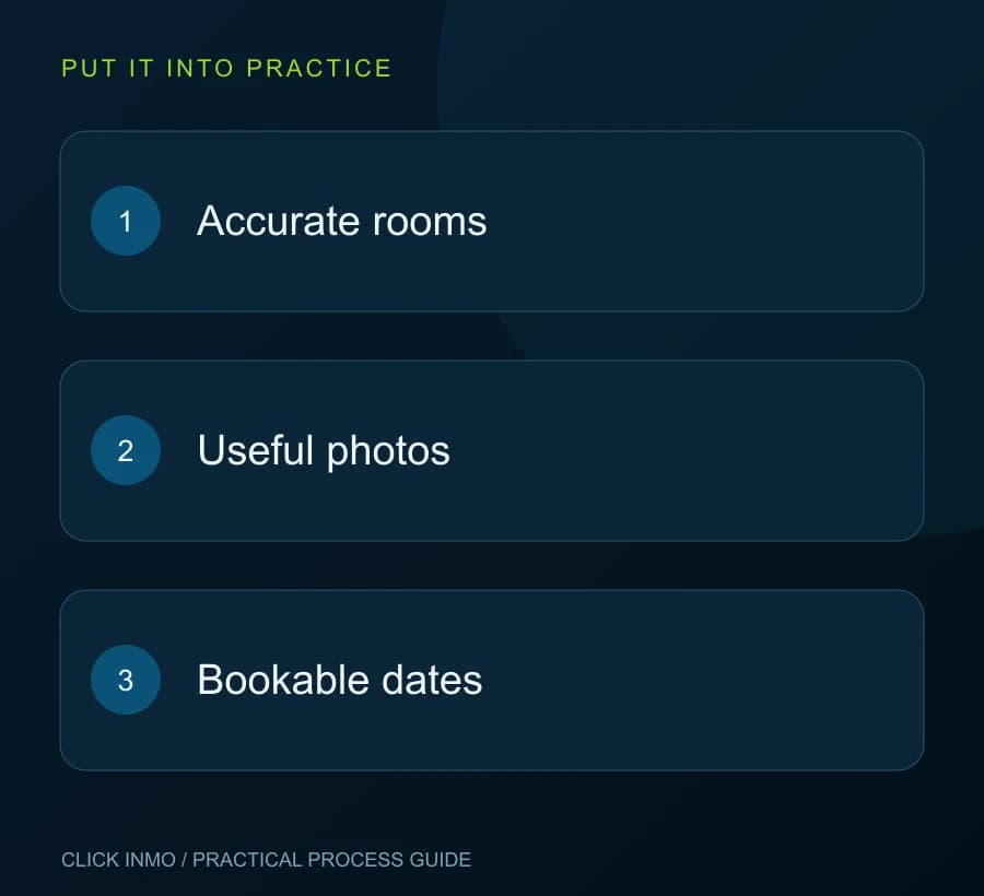 A listing guests can understand: Accurate rooms, then Useful photos, then Bookable dates.
