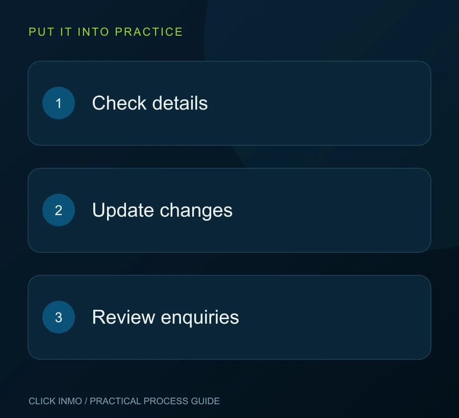 Keep local information useful: Check details, then Update changes, then Review enquiries.