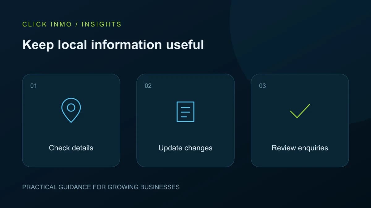 Keep local information useful. Original illustration showing Check details, Update changes, Review enquiries.