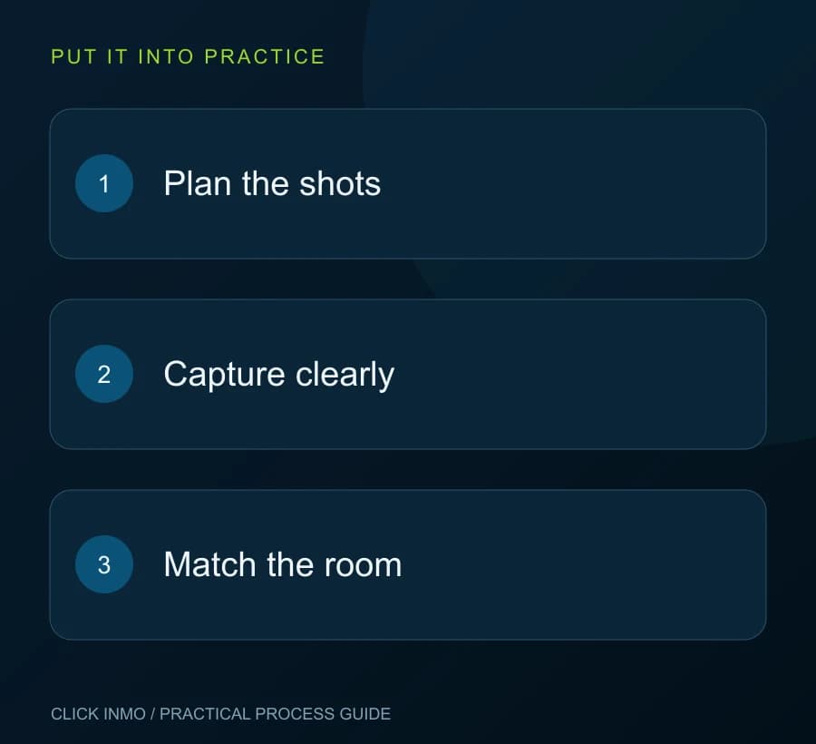 Show the stay honestly: Plan the shots, then Capture clearly, then Match the room.