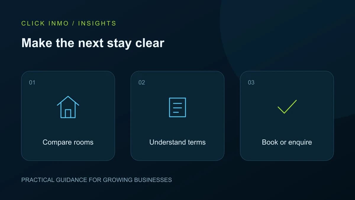 Make the next stay clear. Original illustration showing Compare rooms, Understand terms, Book or enquire.