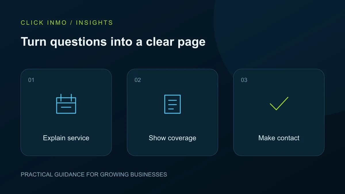 Turn questions into a clear page. Original illustration showing Explain service, Show coverage, Make contact.