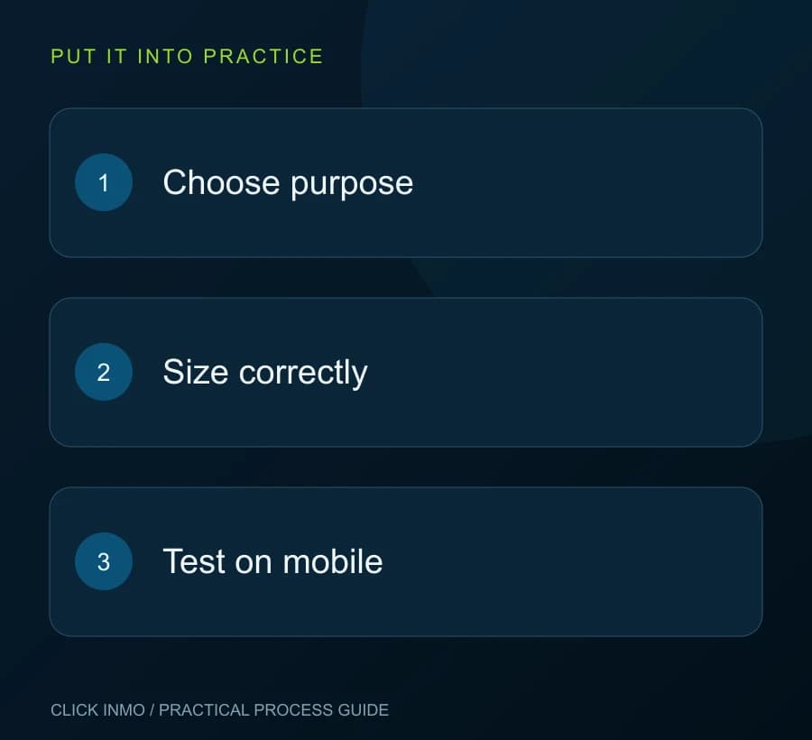 The right image for the screen: Choose purpose, then Size correctly, then Test on mobile.