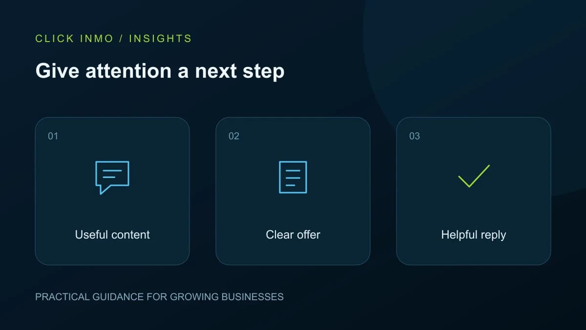 Give attention a next step. Original illustration showing Useful content, Clear offer, Helpful reply.