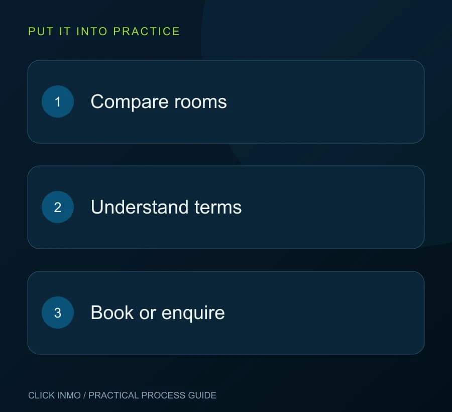 Make the next stay clear: Compare rooms, then Understand terms, then Book or enquire.